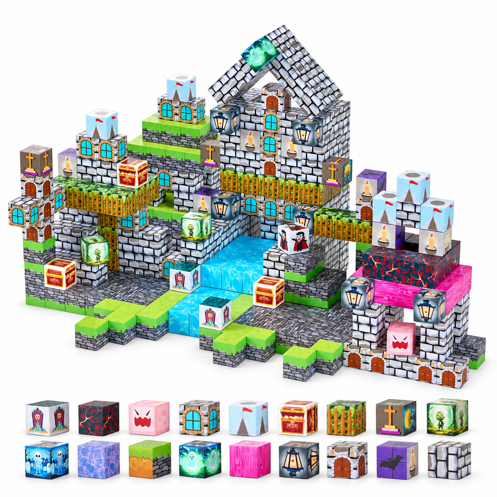 100-piece Cemetery Zombies magnetic cube set in a white studio, full three-quarter view.