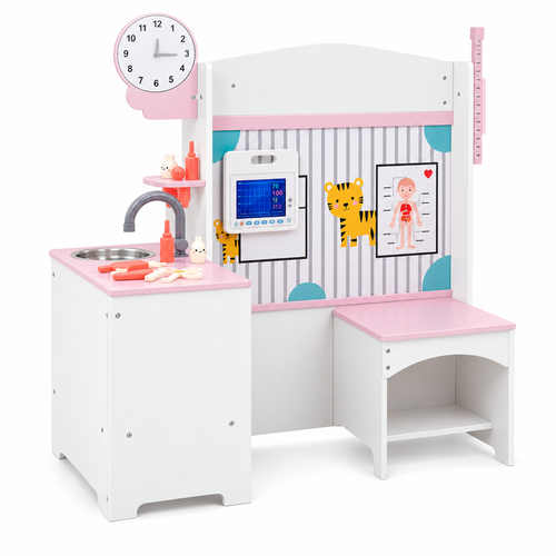 Pink and white wooden doctor station showing sink, ECG monitor and patient bench.