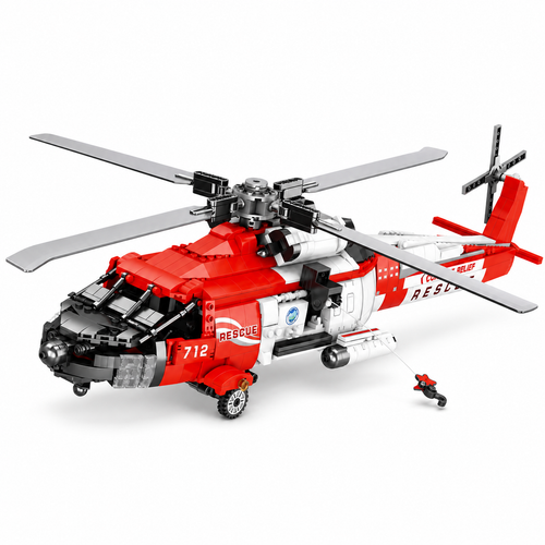 HH-60J Black Hawk rescue helicopter brick model, centered left-facing three-quarter studio view