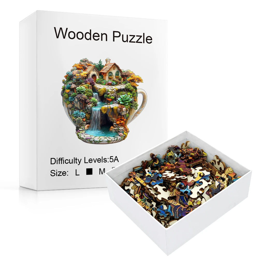 Wooden puzzle packaging with miniature landscape design and puzzle pieces displayed.