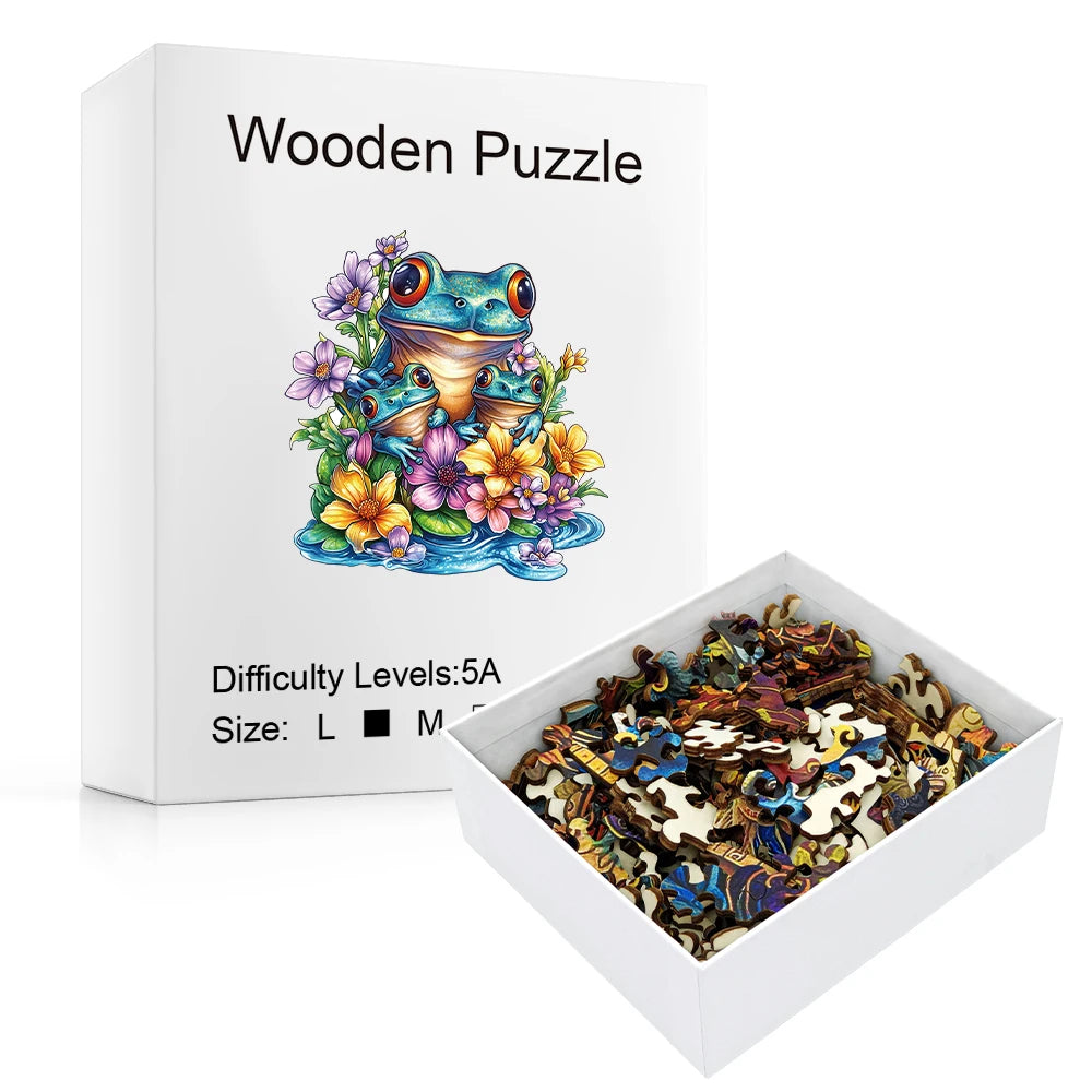 Wooden puzzle with a colorful frog design on the packaging