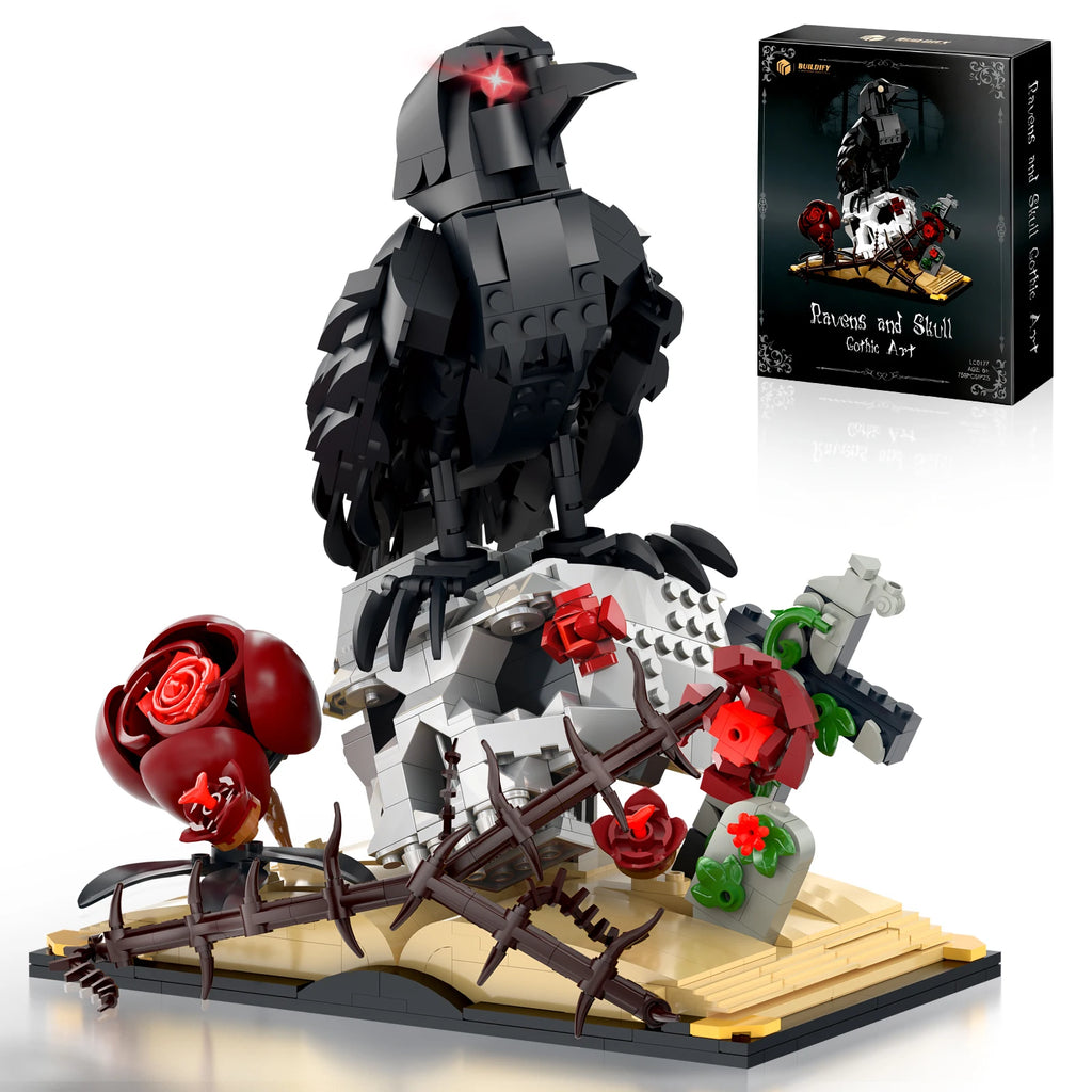 Gothic-style figurine with crow, skull, and roses on a stand with packaging in the background.