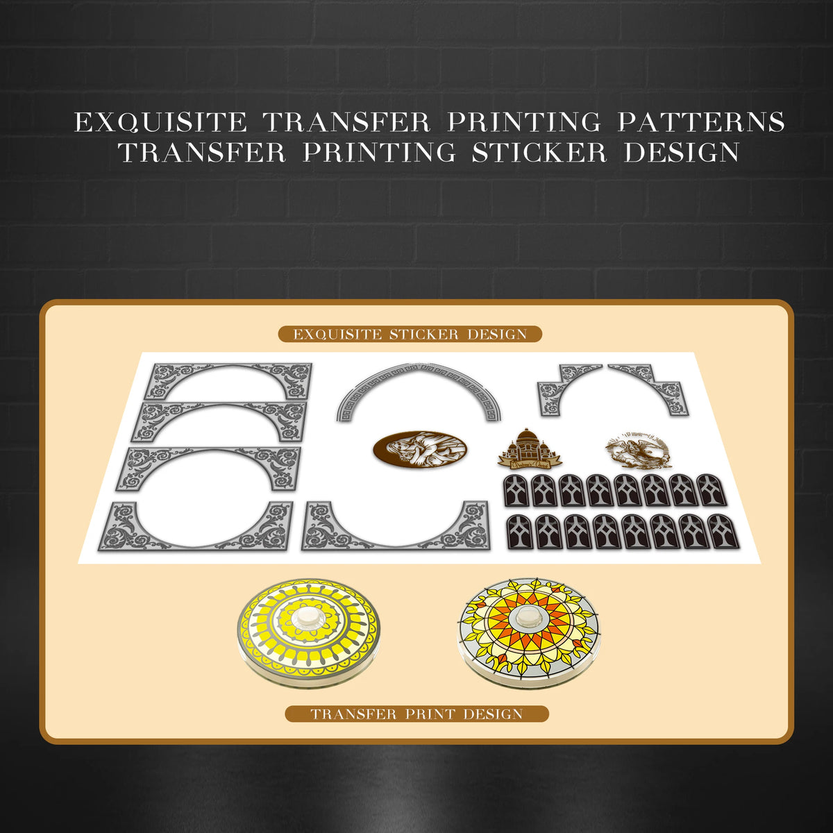 Transfer printing sticker design with intricate patterns on a black background