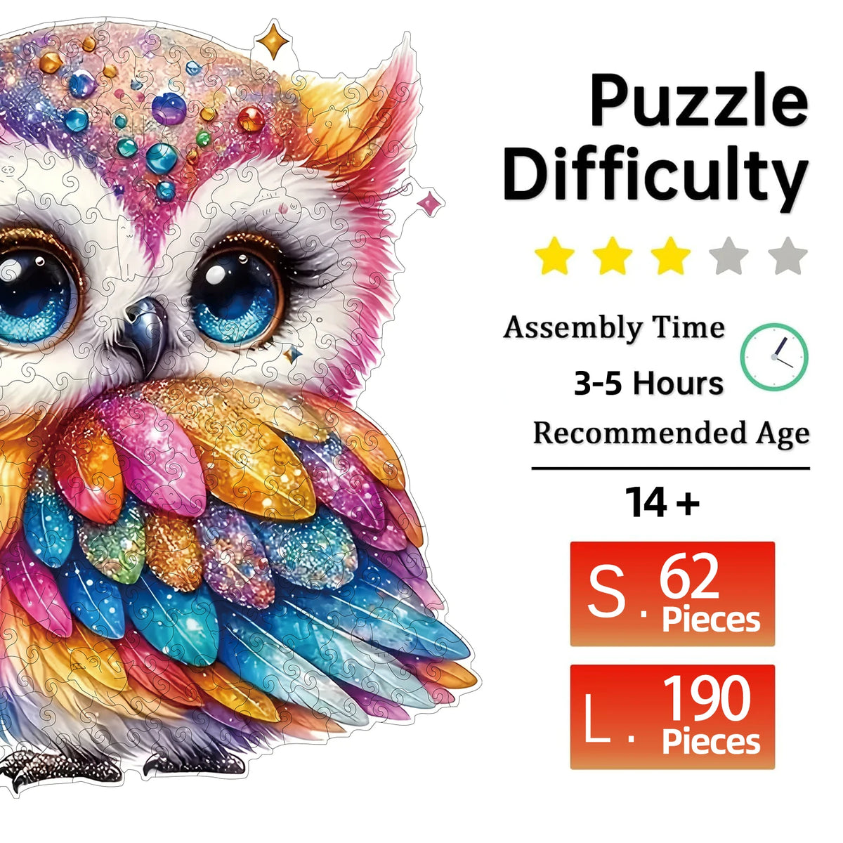 High difficulty owl wooden jigsaw puzzle showing assembly time, age 14 plus, and piece count for small and large sizes