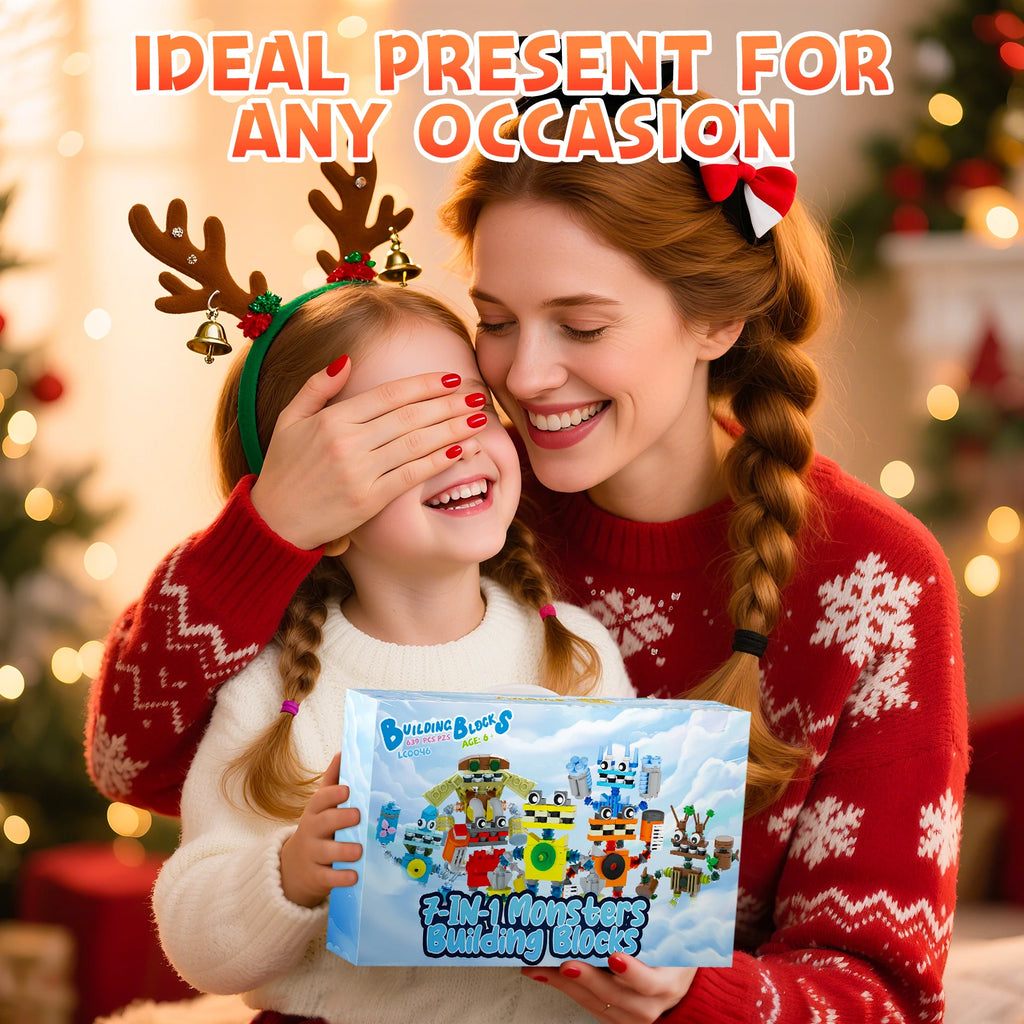 Woman and child holding a toy building block set with festive background