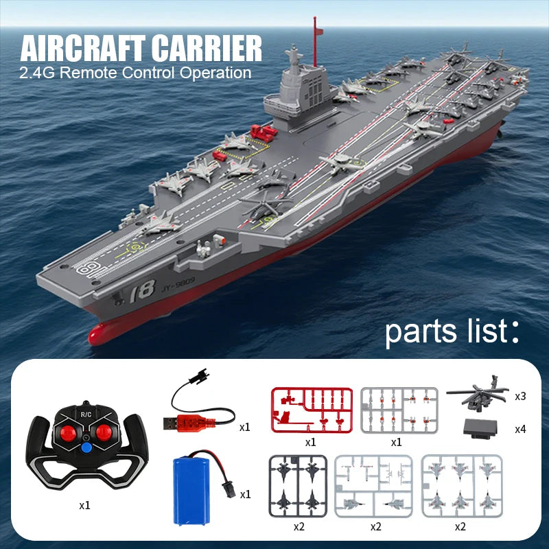 Model aircraft carrier with remote control and parts list on a blue ocean background