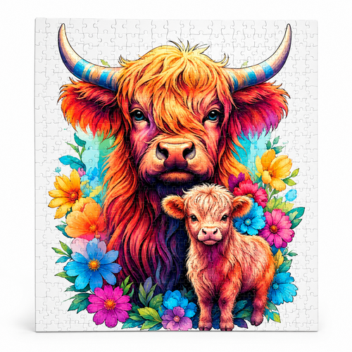 Wooden jigsaw puzzle of a ginger highland cow and calf surrounded by bright wildflowers