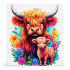 Wooden jigsaw puzzle of a ginger highland cow and calf surrounded by bright wildflowers