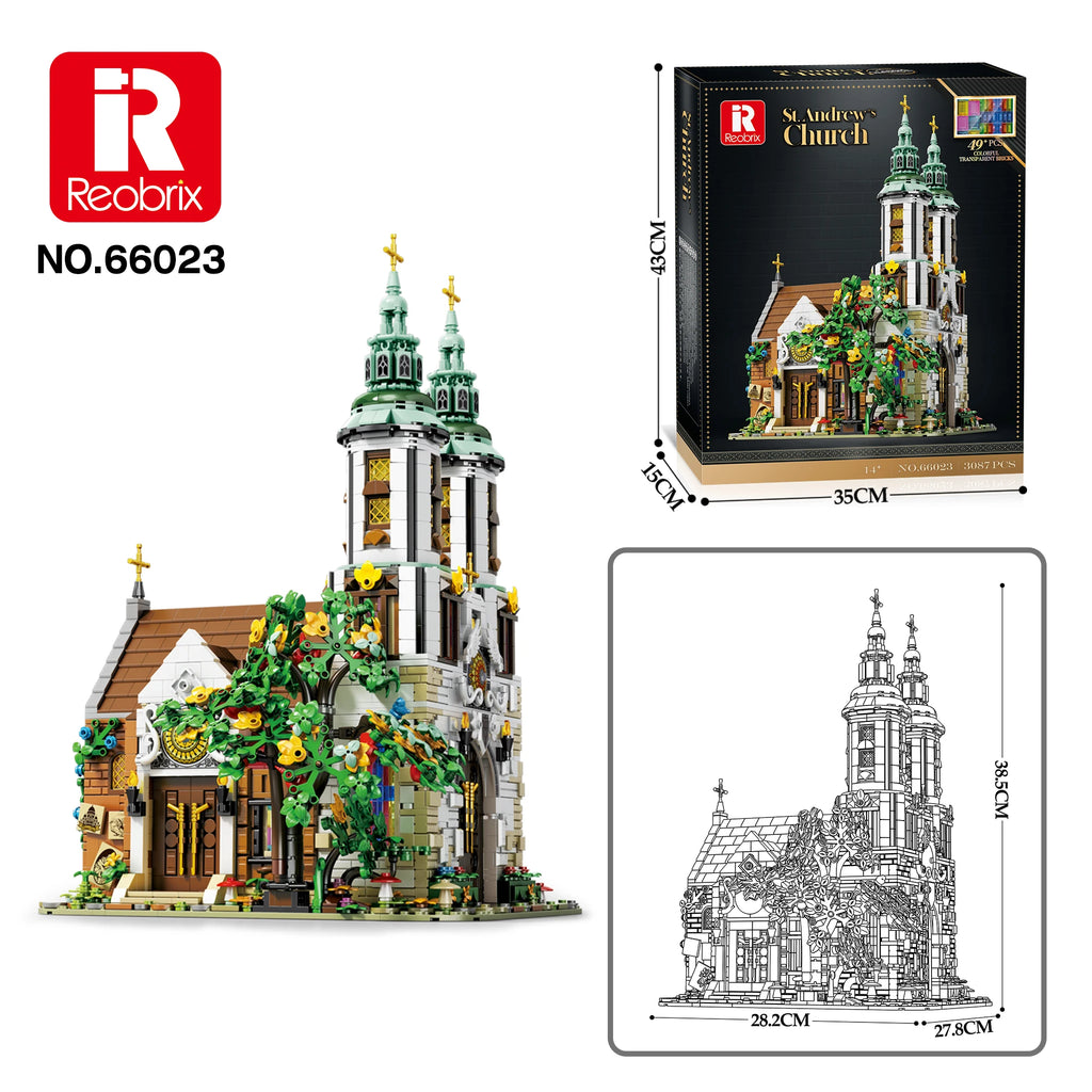 Reobrix St. Andrew's Church model kit with packaging and dimensions on a white background
