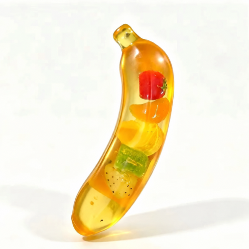 Giant Banana squishy sensory toy with colorful fruit pieces, studio product photo