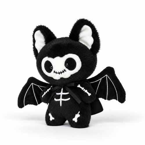Black cat bat skeleton plush, horizontally flipped left-facing studio photo