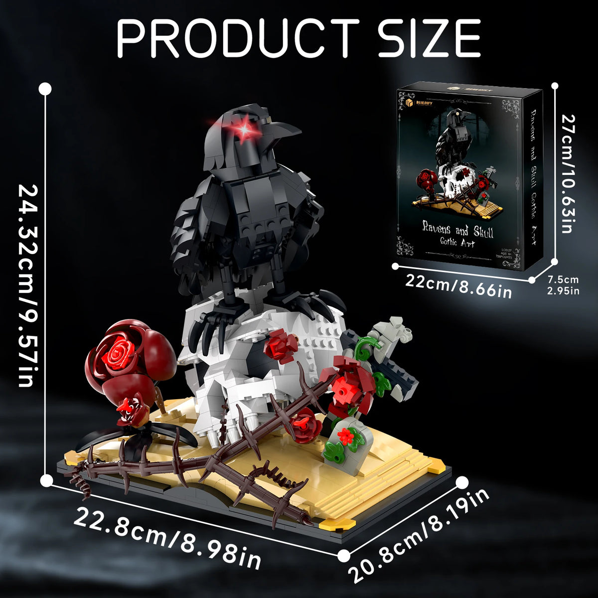 Product size chart with a decorative skull and roses figure and packaging on a dark background.