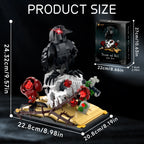 Product size chart with a decorative skull and roses figure and packaging on a dark background.