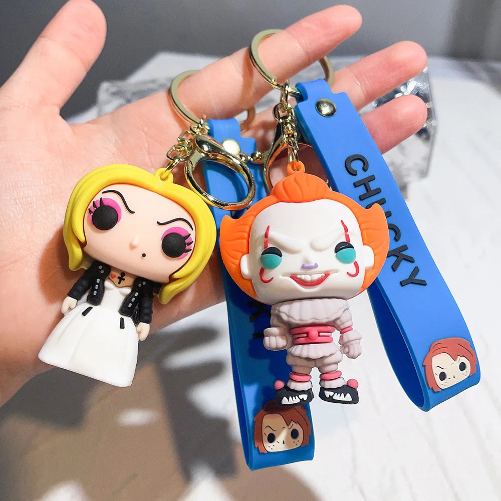 Spooky cartoon horror doll keychains featuring girl style and clown-inspired design with blue strap