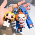 Spooky cartoon horror doll keychains featuring girl style and clown-inspired design with blue strap