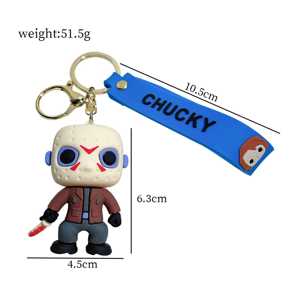 Horror doll cartoon keychain size and dimensions shown with silicone figure and blue strap