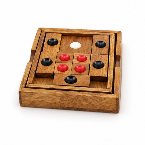 Huarong Road wooden logic puzzle — right studio view