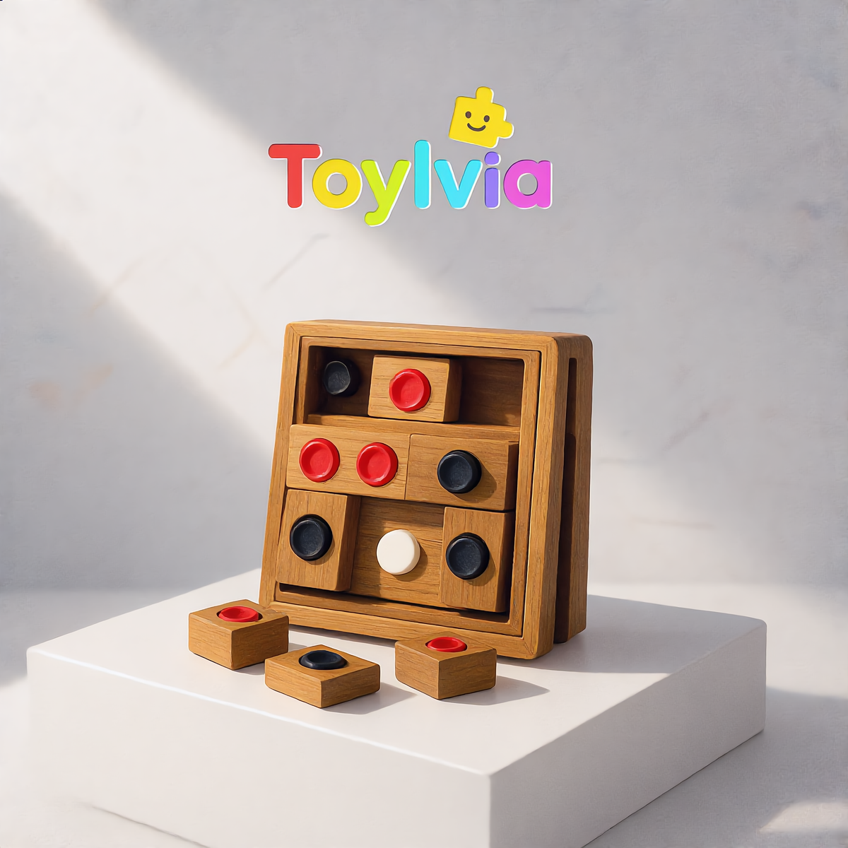 Premium wooden Huarong Road logic puzzle with colorful sliding blocks on a white display pedestal.