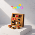 Premium wooden Huarong Road logic puzzle with colorful sliding blocks on a white display pedestal.