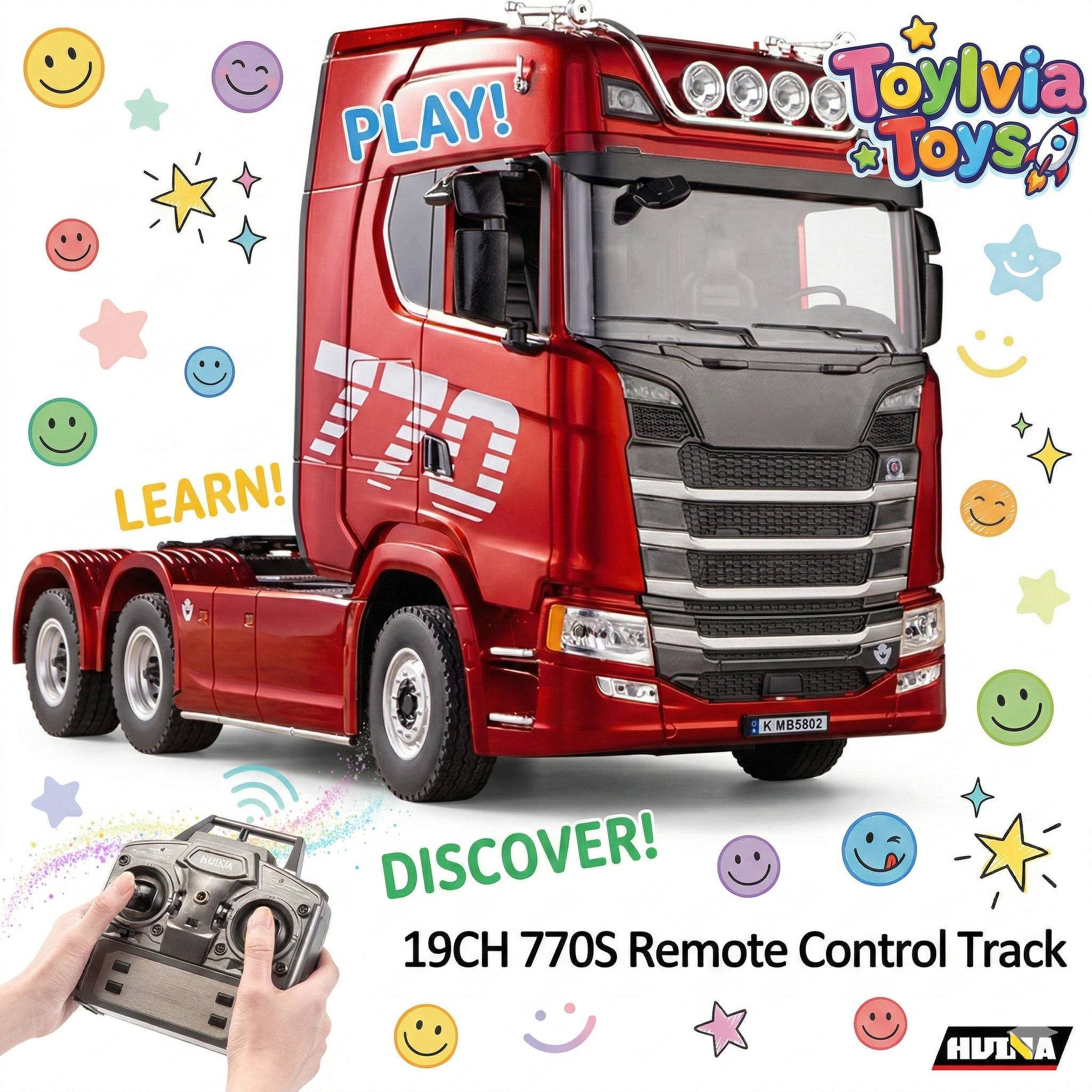 Red toy truck with remote control and colorful graphics on a white background, featuring the brand 'Toyliava Toys'. Main image