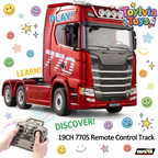 Red toy truck with remote control and colorful graphics on a white background, featuring the brand 'Toyliava Toys'.