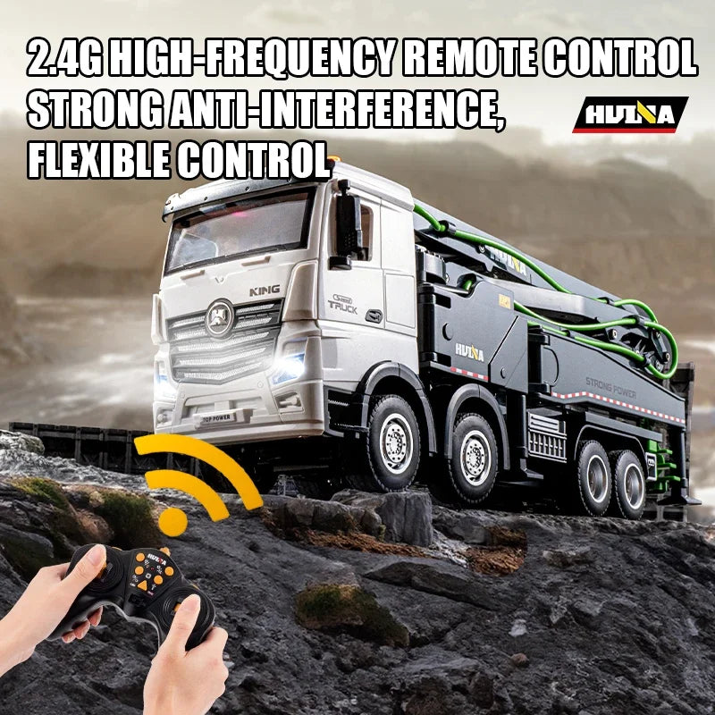 Toy truck with remote control on a rocky terrain, featuring HUINA brand.