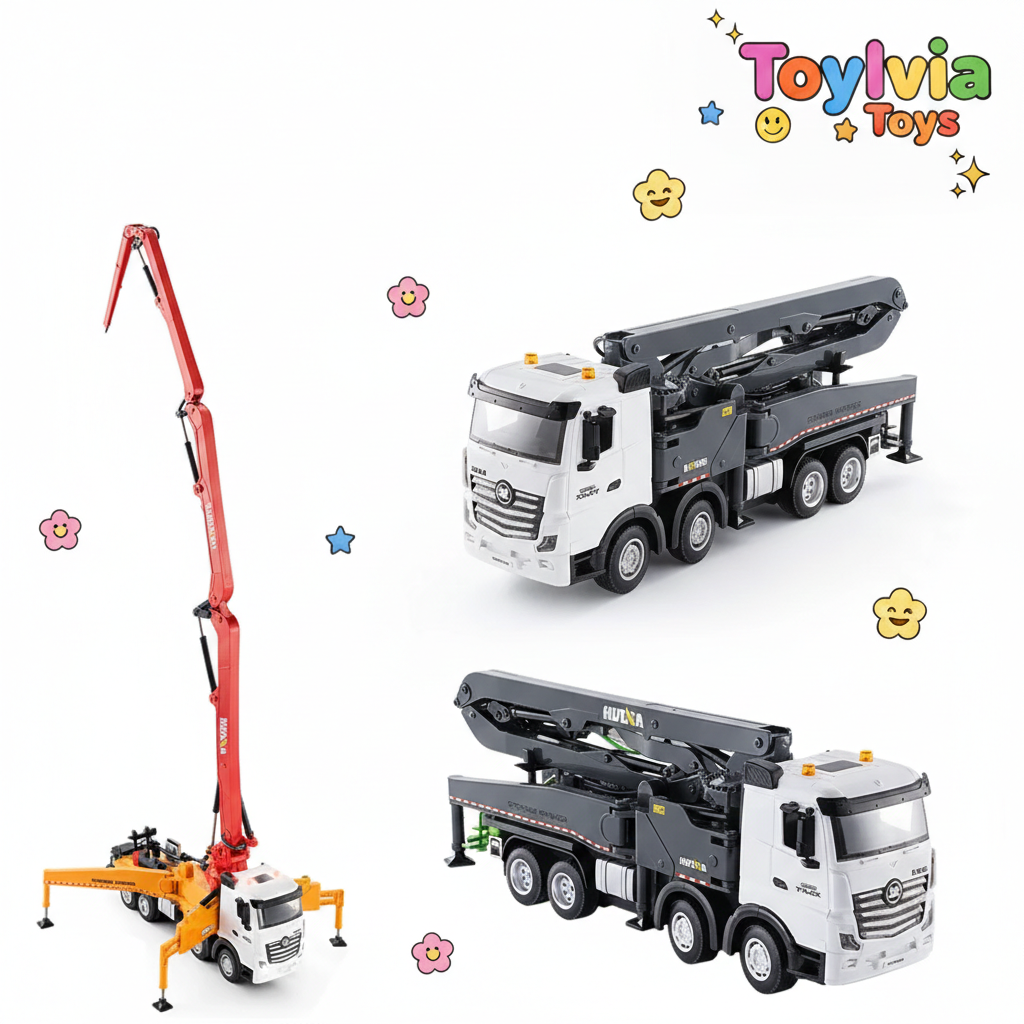 Toy truck with crane attachment on a white background, branded as Toylivia Toys. Main image