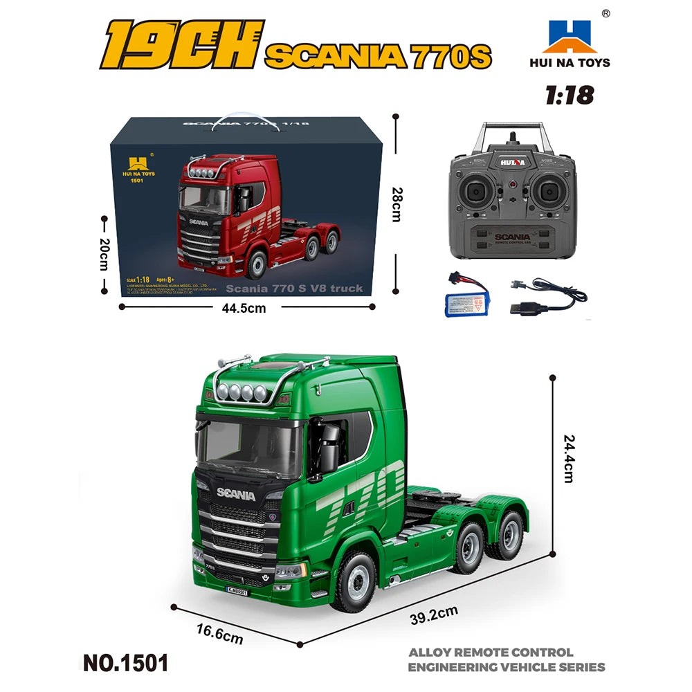 Green Scania truck model with remote control and packaging on a white background