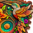 Macro detail of the hummingbird wooden puzzle, feather and laser-cut piece detail