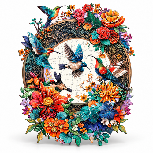 Hummingbird wooden jigsaw puzzle centered and facing the camera on a white background