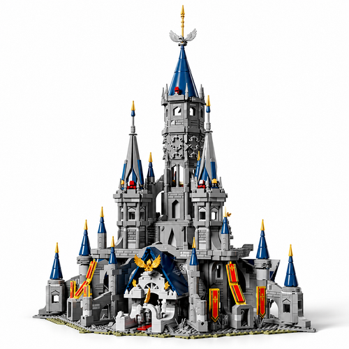 Hyrule Castle 3,839-piece building block set, gray stone castle with blue roofs and gold accents, front view on white.