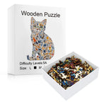 Wooden puzzle with cat design on packaging and pieces displayed.