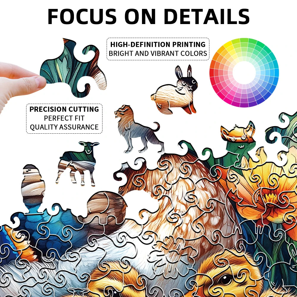 Colorful animal-themed puzzle with high-definition printing and vibrant colors, featuring a hand holding a piece.