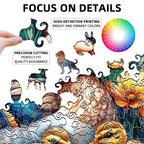Colorful animal-themed puzzle with high-definition printing and vibrant colors, featuring a hand holding a piece.