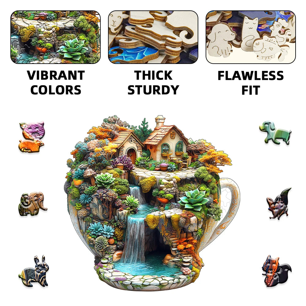 Jigsaw puzzle with a scenic design of a house and nature elements, featuring text on quality attributes.