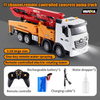 Toy concrete pump truck with remote control and accessories on a gray background