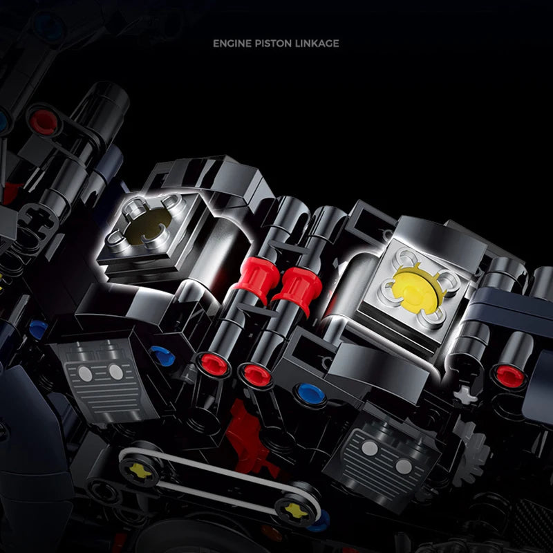 Close-up of engine piston linkage with colored parts on a black background