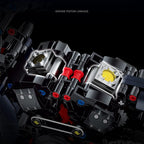 Close-up of engine piston linkage with colored parts on a black background