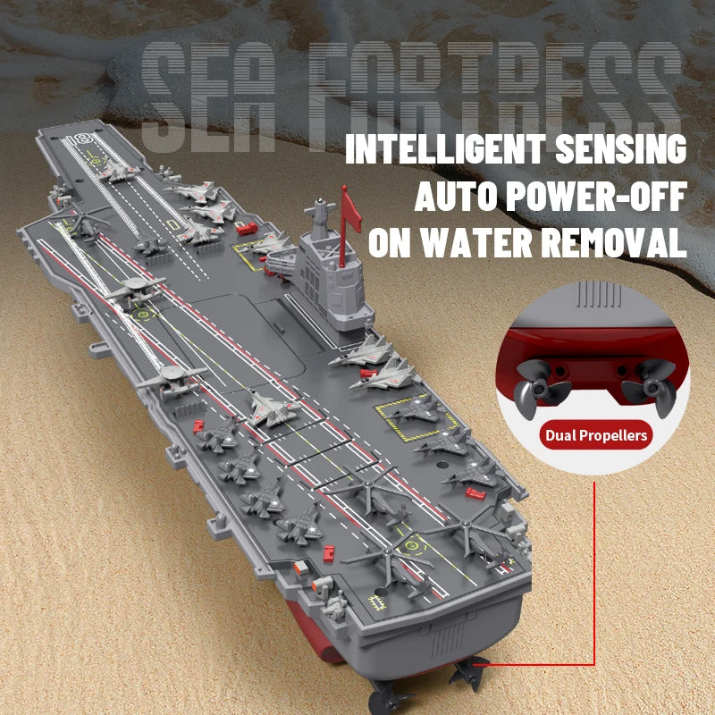 Model of an aircraft carrier with text about intelligent sensing and auto power-off features.