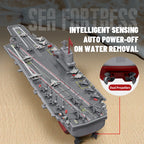 Model of an aircraft carrier with text about intelligent sensing and auto power-off features.