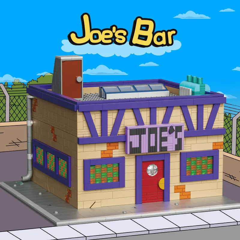 LEGO model of a bar named 'Joe's Bar' with a blue sky background