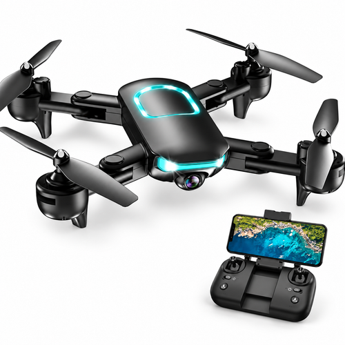 Black JY02 folding camera drone with cyan accents and matching phone-mounted controller at bottom right.