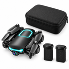 Folded JY02 camera drone with its black storage case and two modular batteries.