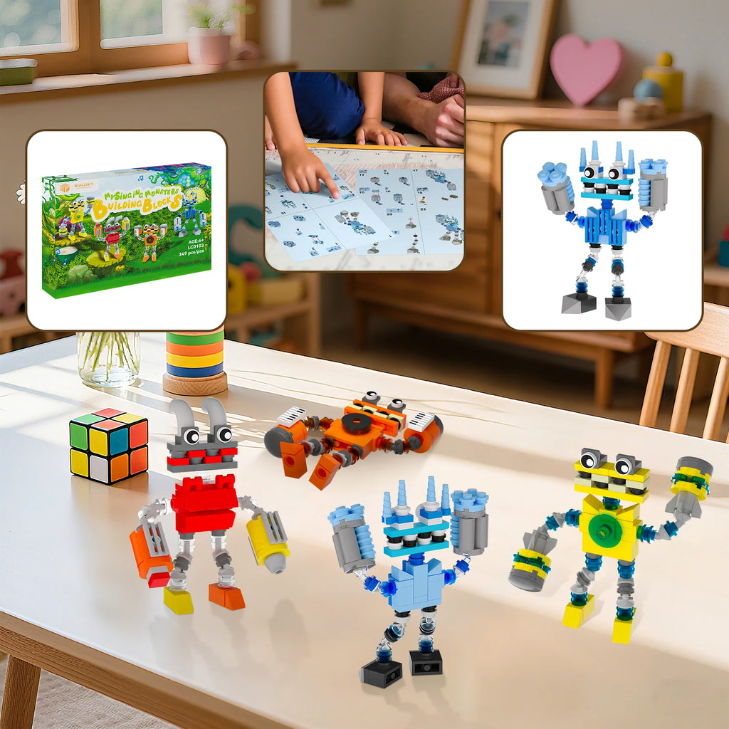 Toy robot figures on a table with a tablet displaying a game, a map, and a close-up of a hand holding a toy.