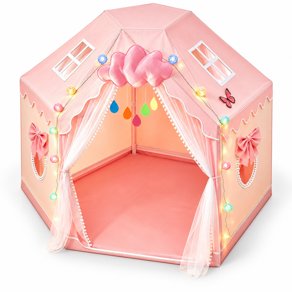 Pink hexagonal princess play tent with globe lights, photographed from the front to show its six-sided shape.