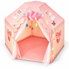 Pink hexagonal princess play tent with globe lights, photographed from the front to show its six-sided shape.