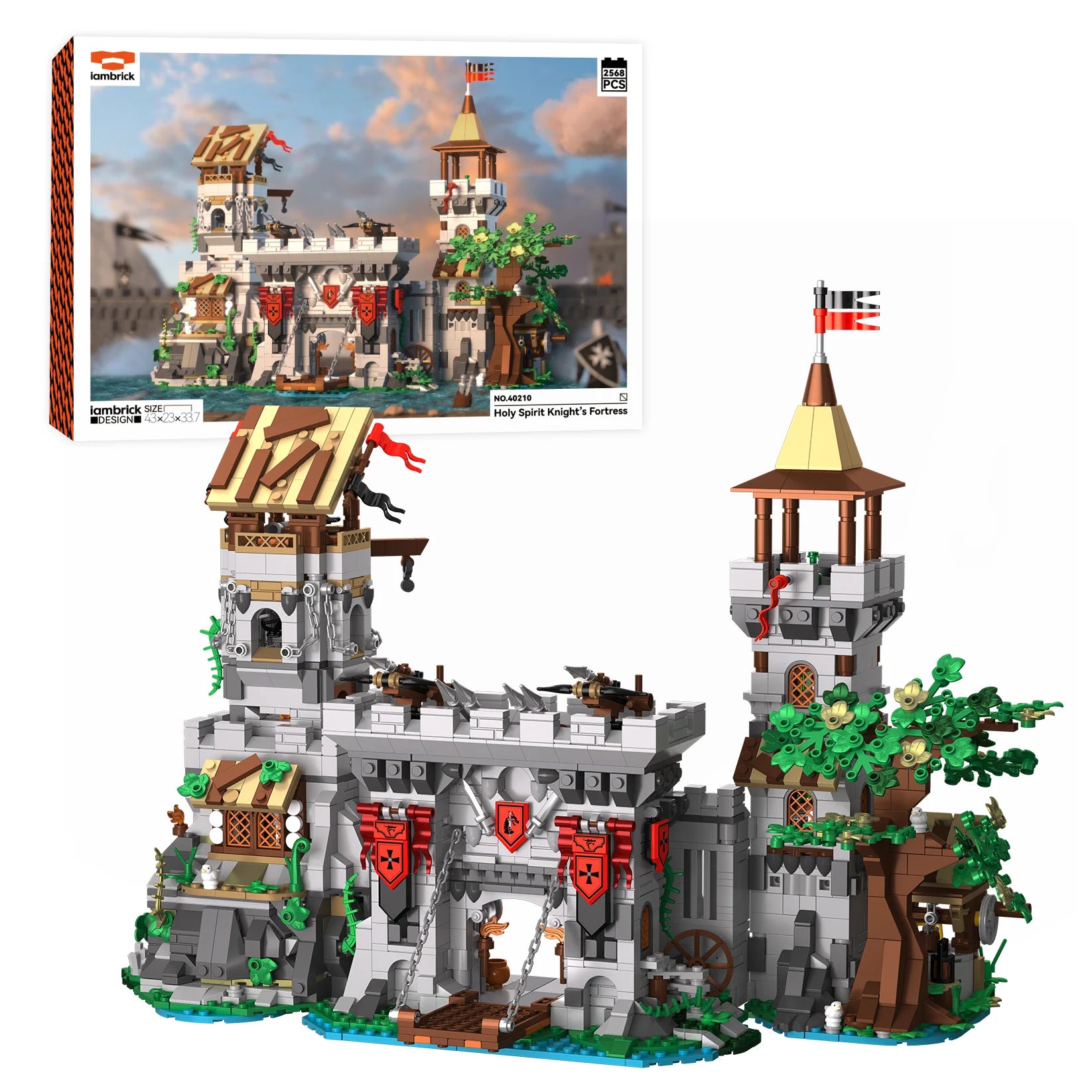2568PCS Knight's Fortress medieval castle full display with towers, gate and detailed landscaping. Main image