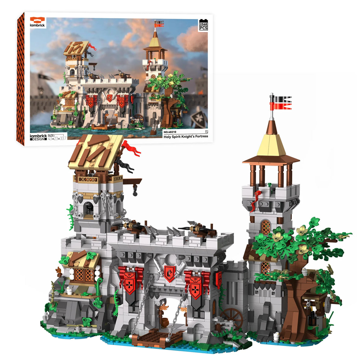 2568PCS Knight's Fortress medieval castle full display with towers, gate and detailed landscaping.