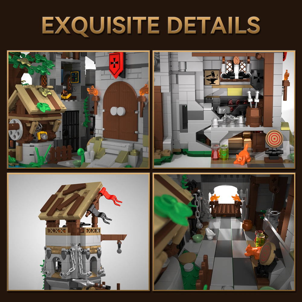 Medieval castle gate with drawbridge, towers and stone wall detail from the Knight's Fortress set.