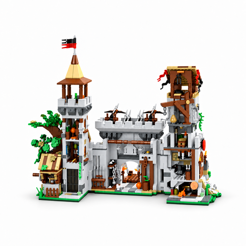 Complete Knight's Fortress medieval building-block model centered on white